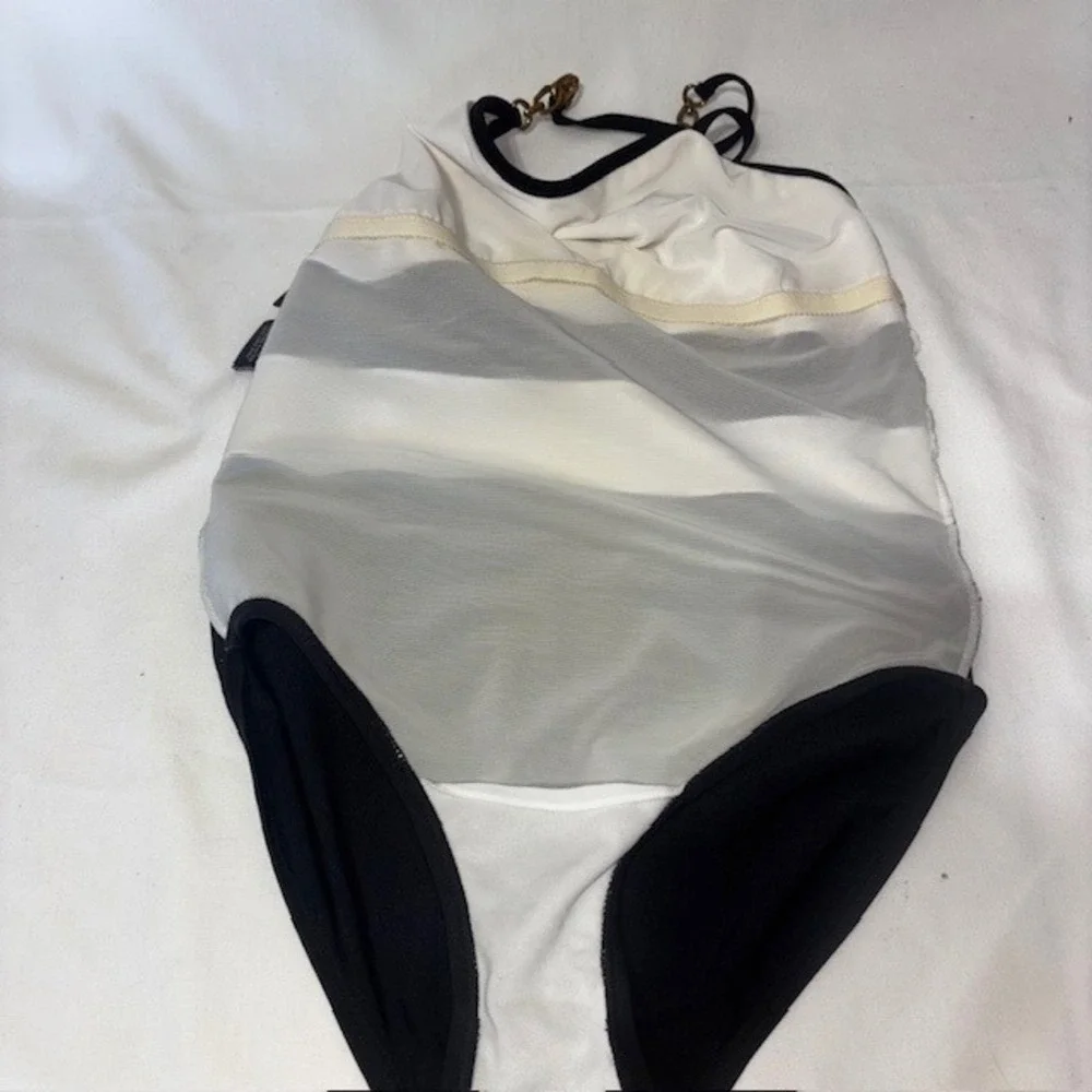 Crossing Pointe Womens One Piece Swimsuit Black White Gold Chain Straps Size 12